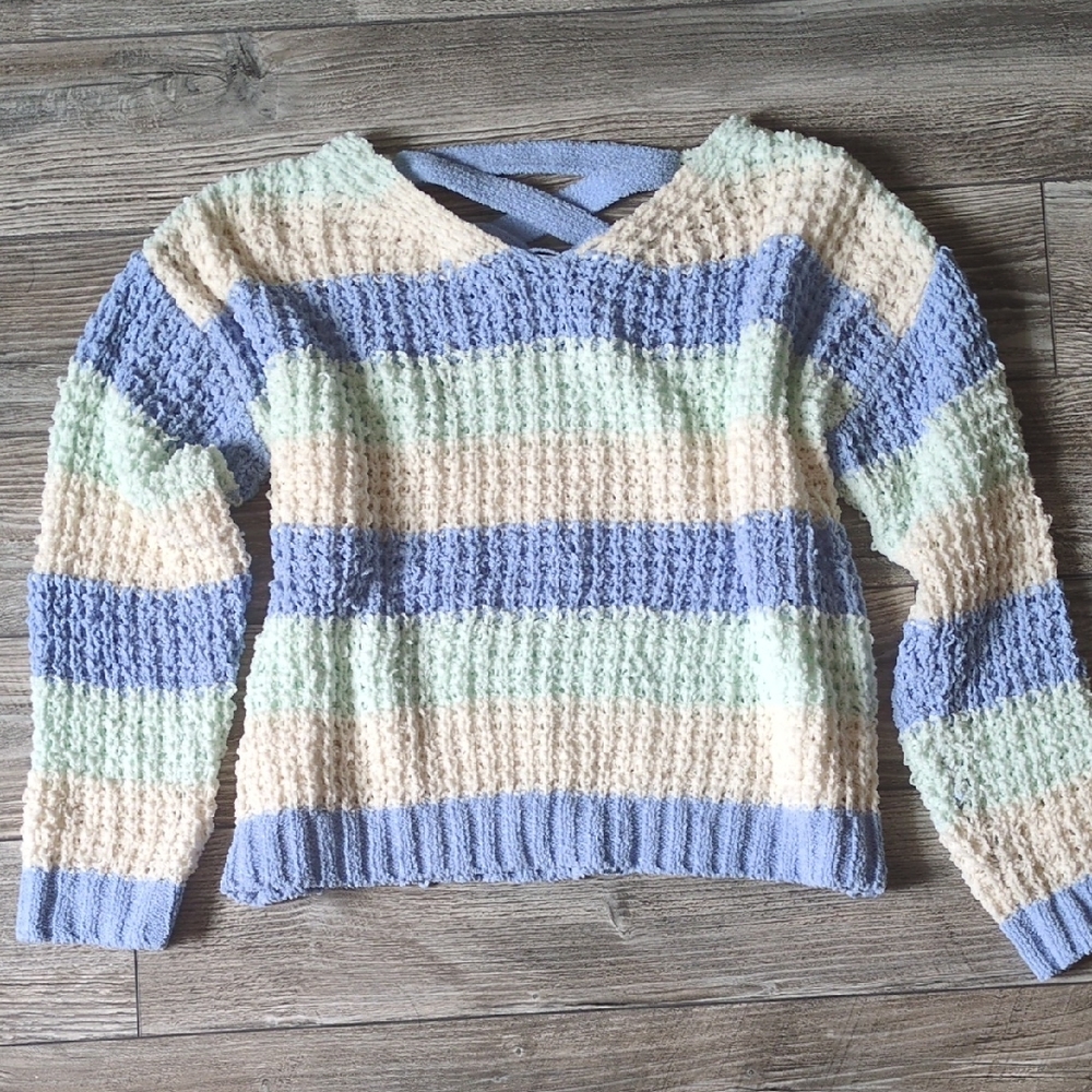 Daisy & Cleo Striped Pastel Chenille V-Neck Girls Sweater 14/16